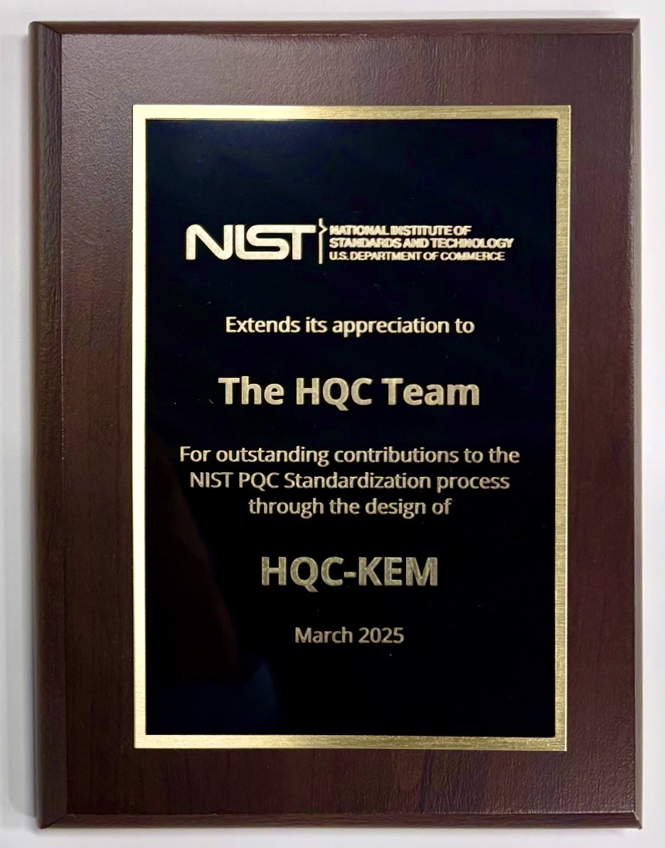 The NIST plaque awarded to the HQC team
